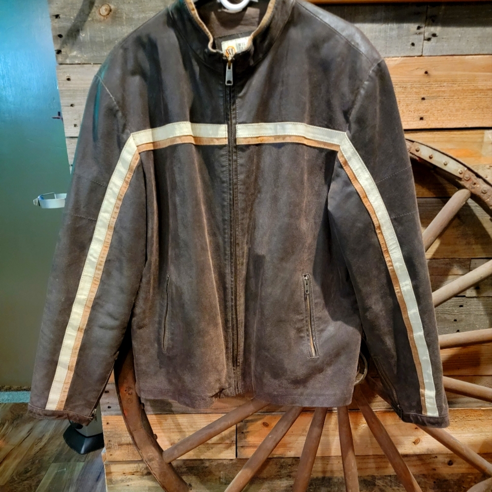 Wilson's Leather, vintage racer stripe sleeve moto leather jacket, XL, brown